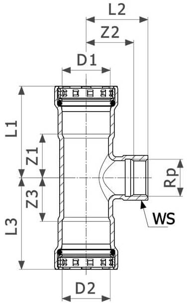 Тройник переходной Viega Megapress с SC-Contur Дн1 1/2″x3/4″x1 1/2″ Ру16 стальной оцинкованный, присоединение - пресс/внутренняя резьба