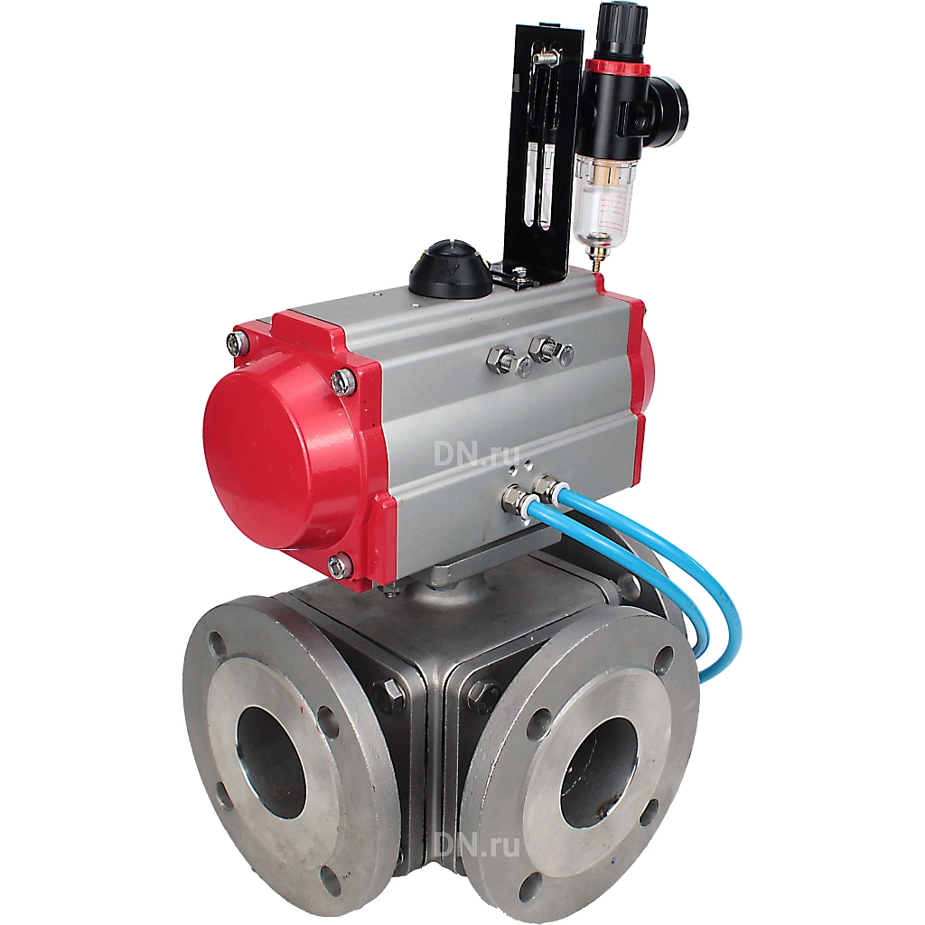 Кран шаровой Ду20 Ру16 полнопроходной трехходовой, фланцевый, корпус - нержавеющая сталь SS316, с пневмоприводом PA-SA-065 с возвратными пружинами, пневмораспределителем 4V320-10 AC220V и БПВ AFC2000 (BV3232P(4pc)-FP-3WL-F)