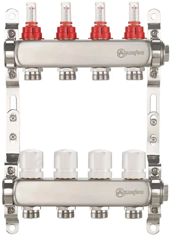 Группа коллекторная Aquasfera 9503 Ду25 Ру6 внутренняя резьба, выходов 2х3/4″ наружная резьба под евроконус с регулирующими клапанами и расходомерами, нержавеющая сталь