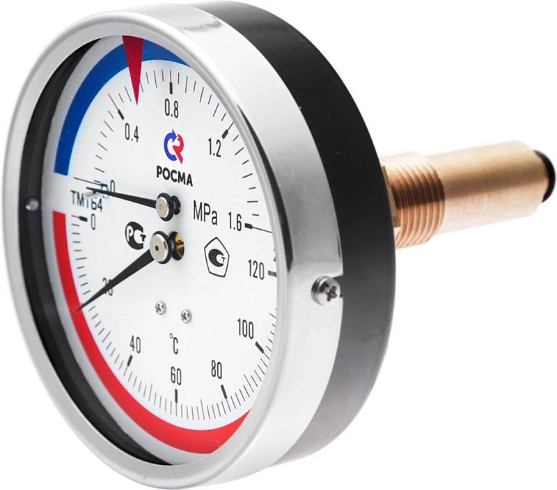 Термоманометр Росма ТМТБ-41Т.3 (0-150°C) (0-0,6MПa) G1/2 2,5, корпус 100мм, тип - ТМТБ-41T.3, длина клапана 100мм, до 150°С, осевое присоединение, 0-0,6MПa, резьба G1/2, класс точности 2.5